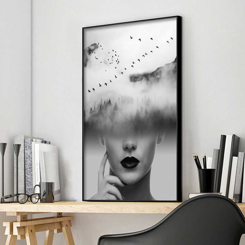 Vivolux | Canvas Zacht Kleur Schilderij Hedendaagse Meisje en Mistige Heuvels Scene Wanddecoratie, Meerdere Maten