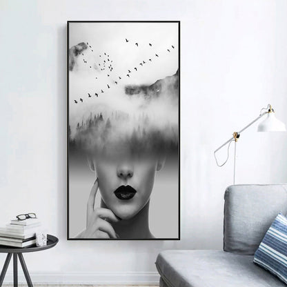 Vivolux | Canvas Zacht Kleur Schilderij Hedendaagse Meisje en Mistige Heuvels Scene Wanddecoratie, Meerdere Maten