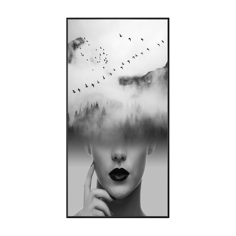 Vivolux | Canvas Zacht Kleur Schilderij Hedendaagse Meisje en Mistige Heuvels Scene Wanddecoratie, Meerdere Maten