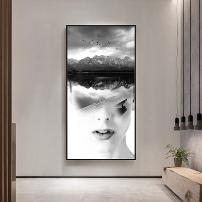 Vivolux | Canvas Zacht Kleur Schilderij Hedendaagse Meisje en Mistige Heuvels Scene Wanddecoratie, Meerdere Maten