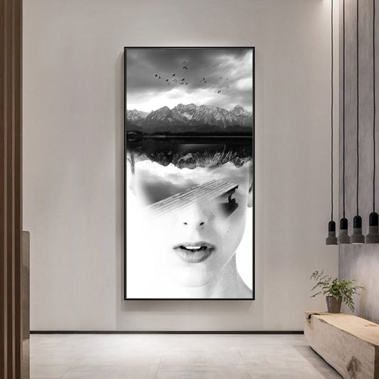 Vivolux | Canvas Zacht Kleur Schilderij Hedendaagse Meisje en Mistige Heuvels Scene Wanddecoratie, Meerdere Maten