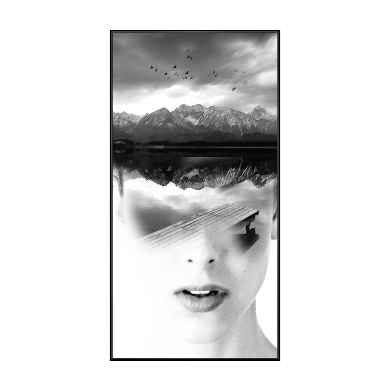 Vivolux | Canvas Zacht Kleur Schilderij Hedendaagse Meisje en Mistige Heuvels Scene Wanddecoratie, Meerdere Maten