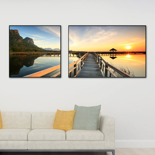 Vivolux | Tropics Sea Bridge Scenery Canvas Pastellfarbe Mehrteiliges Wandkunstdruck für das Wohnzimmer