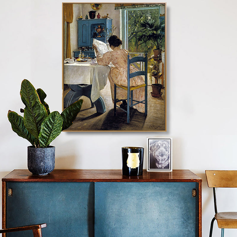 Vivolux | Impressionismus Lesende Maid Kunstdruck Leinwand Texturiert Braun Wanddekoration für Badezimmer