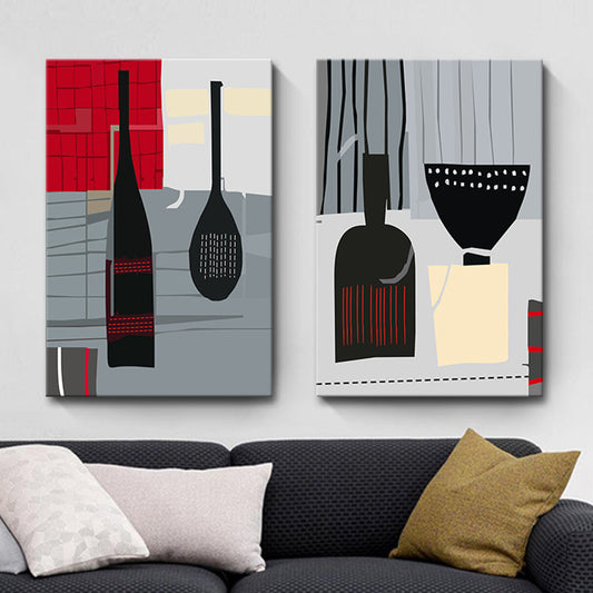 Vivolux | Skandinavischer Weinaus Bottle-Leinwand Rotes und Graues Texturiertes Wandkunst-Druck für das Wohnzimmer