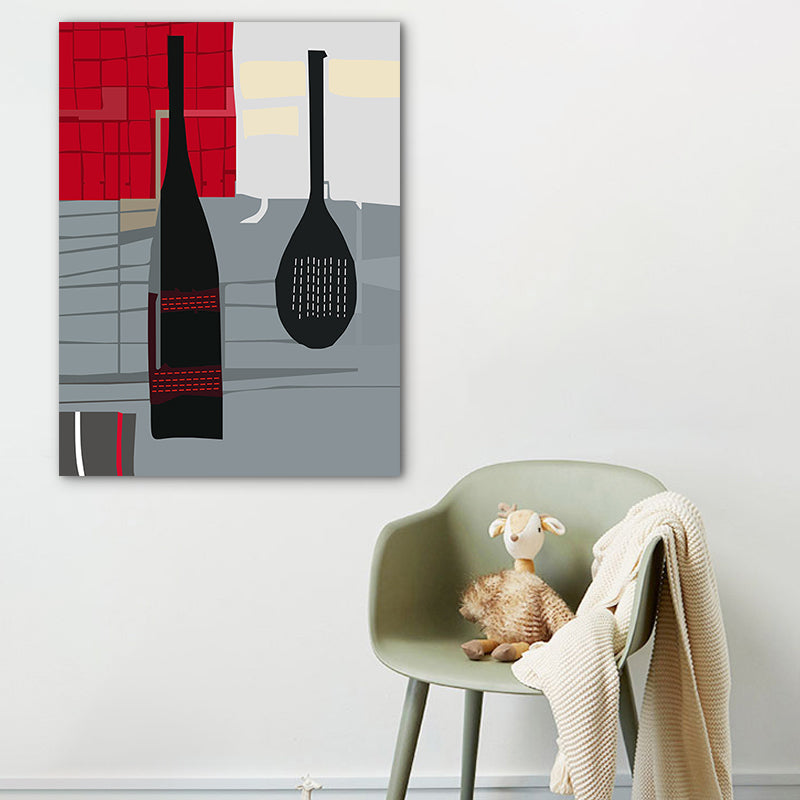 Vivolux | Skandinavischer Weinaus Bottle-Leinwand Rotes und Graues Texturiertes Wandkunst-Druck für das Wohnzimmer
