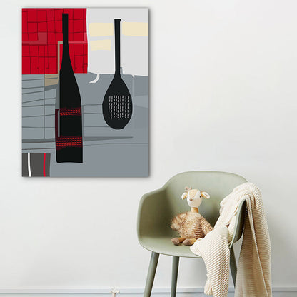 Vivolux | Skandinavischer Weinaus Bottle-Leinwand Rotes und Graues Texturiertes Wandkunst-Druck für das Wohnzimmer