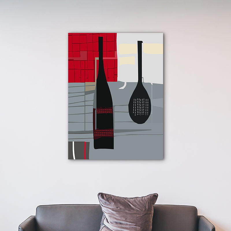 Vivolux | Skandinavischer Weinaus Bottle-Leinwand Rotes und Graues Texturiertes Wandkunst-Druck für das Wohnzimmer