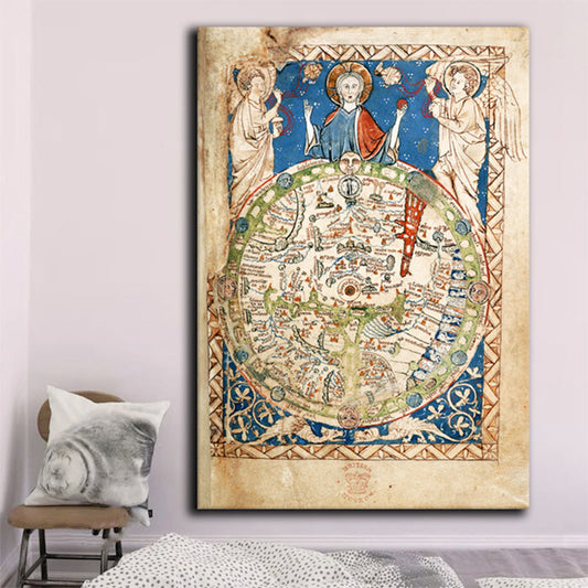 Vivolux | Religiöse Weltkarte Gemälde in Blau Jugendstil Wanddekoration für das Esszimmer