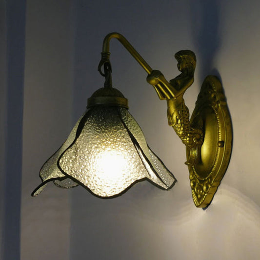 Vivolux | 1 Kopf Blüten Wandmontage Beleuchtung Tiffany Blau/Klar/Rosa Glas Wandlampe mit Meerjungfrauen Rückplatte