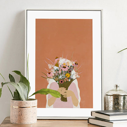 Vivolux | Mädchen, das einen Blumenstrauß hält, Zeichnung, Leinwand, strukturiert, nordisches Schlafzimmer, Wandkunst, Druck in Orange