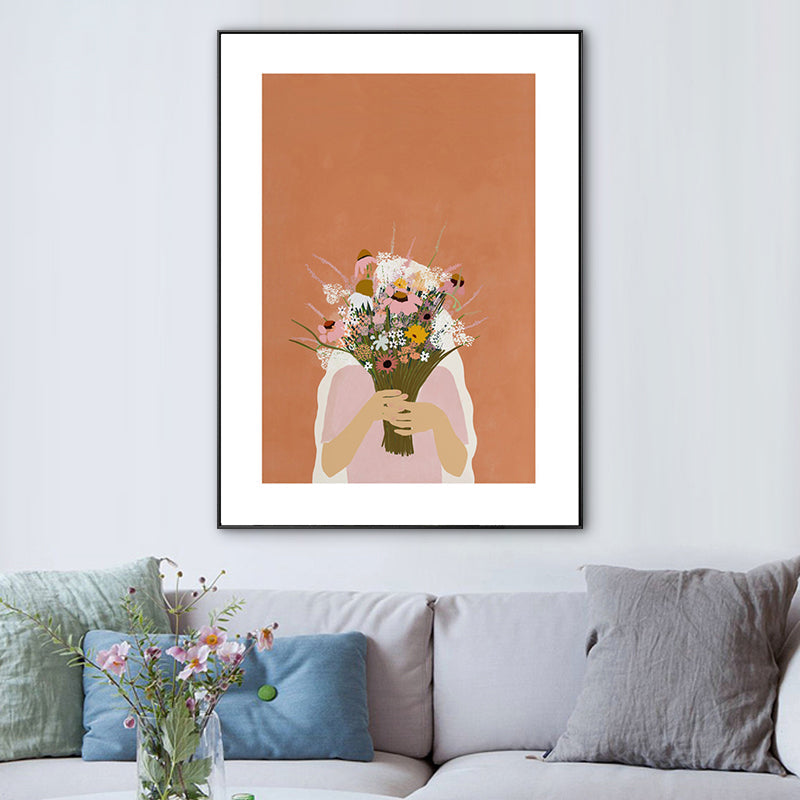 Vivolux | Mädchen, das einen Blumenstrauß hält, Zeichnung, Leinwand, strukturiert, nordisches Schlafzimmer, Wandkunst, Druck in Orange