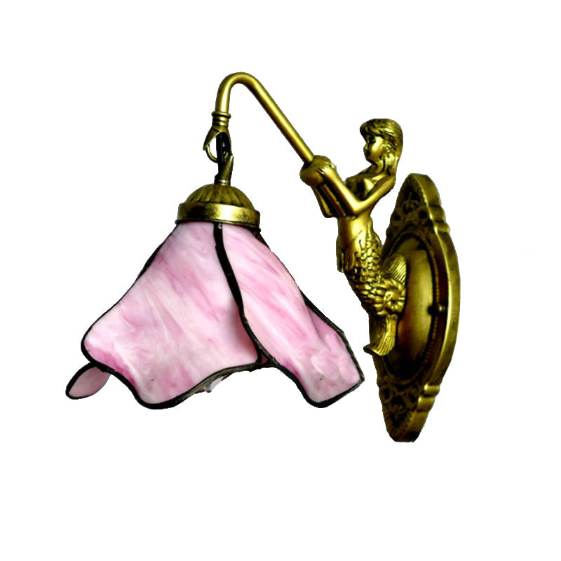 Vivolux | 1 Kopf Blüten Wandmontage Beleuchtung Tiffany Blau/Klar/Rosa Glas Wandlampe mit Meerjungfrauen Rückplatte