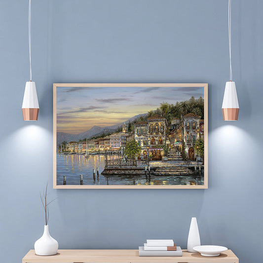 Vivolux | Riverside City Scene Art Print Impressionismus Leinwand Wanddeko, Mehrere Größenoptionen