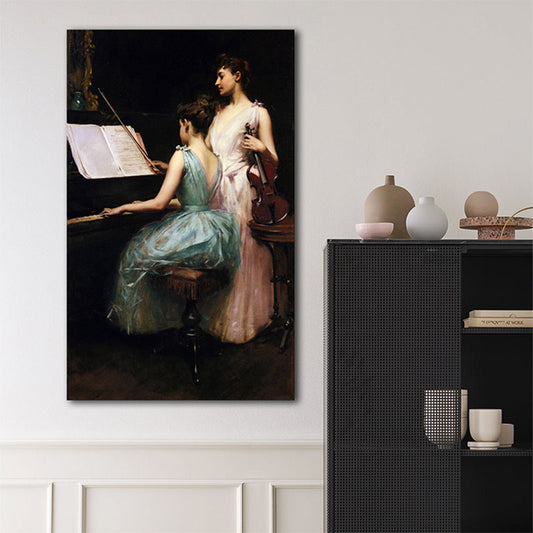 Vivolux | Ölgemälde Renaissance Leinwand Kunst Mädchen und Instrumente in Weiß, multiple Größen