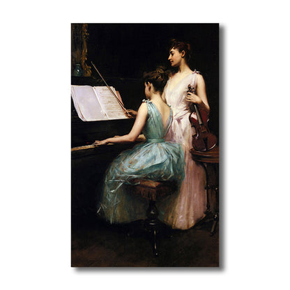 Vivolux | Ölgemälde Renaissance Leinwand Kunst Mädchen und Instrumente in Weiß, multiple Größen