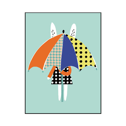 Vivolux | Nordic Rabbit mit Regenschirm Wandkunst Blau Stillleben Leinwanddruck für Esszimmer