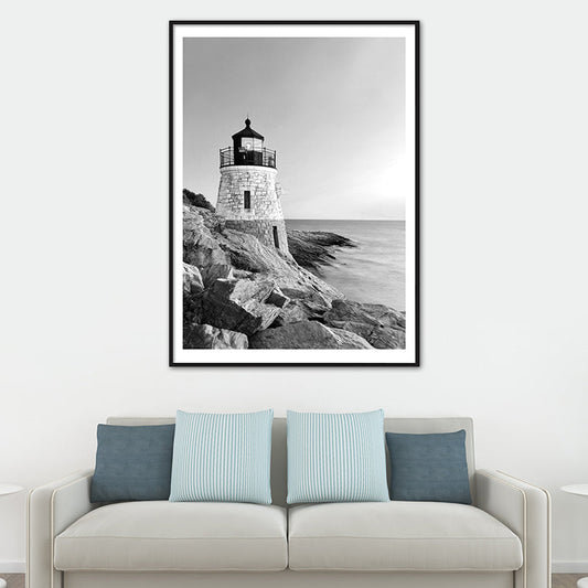 Vivolux | Vintage Seaside Lighthouse Kunstdruck Leinwand Graues Gebäude Wanddekoration, Mehrere Größen verfügbar