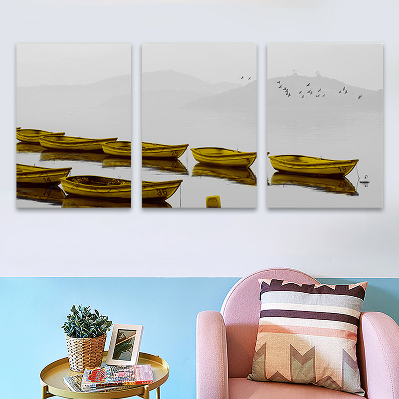 Vivolux | Braune Misty River Boote Leinwand Wandkunst Texturiert Zeitgenössische Wohnzimmer Wanddekoration