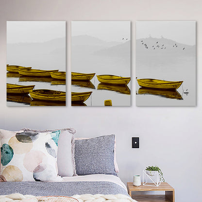 Vivolux | Braune Misty River Boote Leinwand Wandkunst Texturiert Zeitgenössische Wohnzimmer Wanddekoration