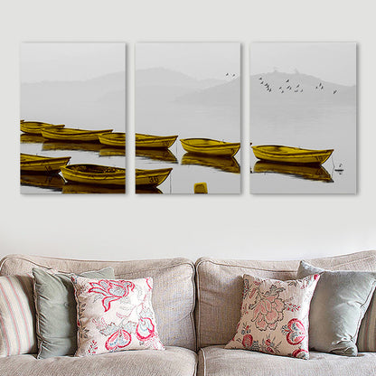 Vivolux | Braune Misty River Boote Leinwand Wandkunst Texturiert Zeitgenössische Wohnzimmer Wanddekoration