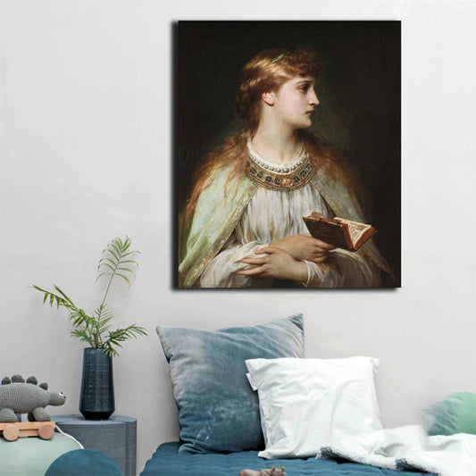 Vivolux | Renaissance Reading Girl Kunstdruck Leinwand Texturiert Gelbe Wanddekoration für Badezimmer