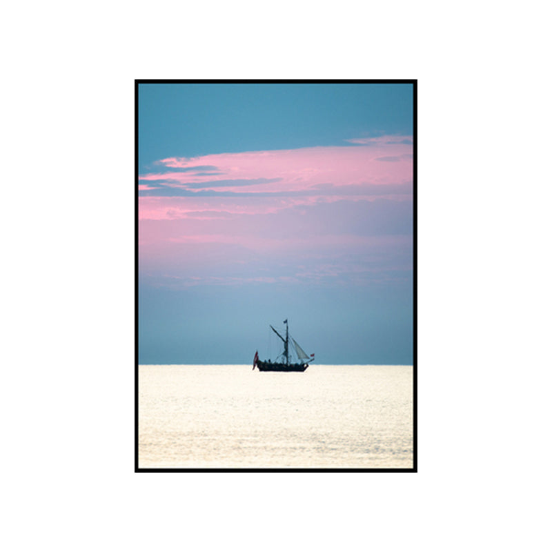 Vivolux | Foto Zonsondergang Oceaan Zeilboot Canvas Kunst Minimalistische Pittoreske Zeeweide Wanddecoratie in Zachte Kleur