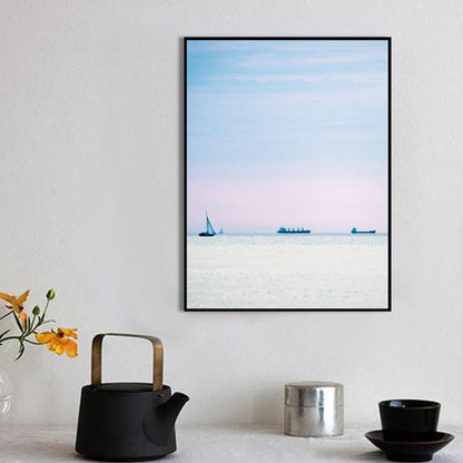 Vivolux | Foto Zonsondergang Oceaan Zeilboot Canvas Kunst Minimalistische Pittoreske Zeeweide Wanddecoratie in Zachte Kleur