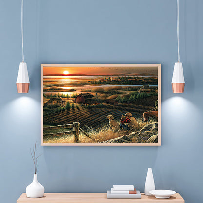 Vivolux | Braun Farmfield Sonnenuntergang Szene Leinwand Impressionismus Stil Texturiertes Wanddekor für das Esszimmer