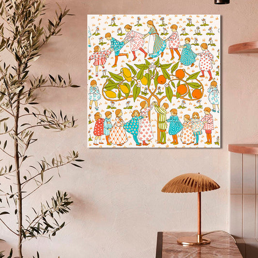 Vivolux | Kids Around Tree Wandkunst Nordic Stil Unterhaltung Leinwanddruck in Gelb für Galerie