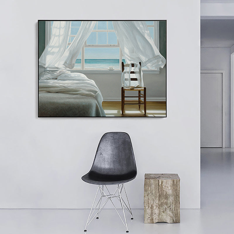 Vivolux | Seashore House Innenansicht Leinwand Blau Nordischer Stil Wand Kunstdruck für Schlafzimmer