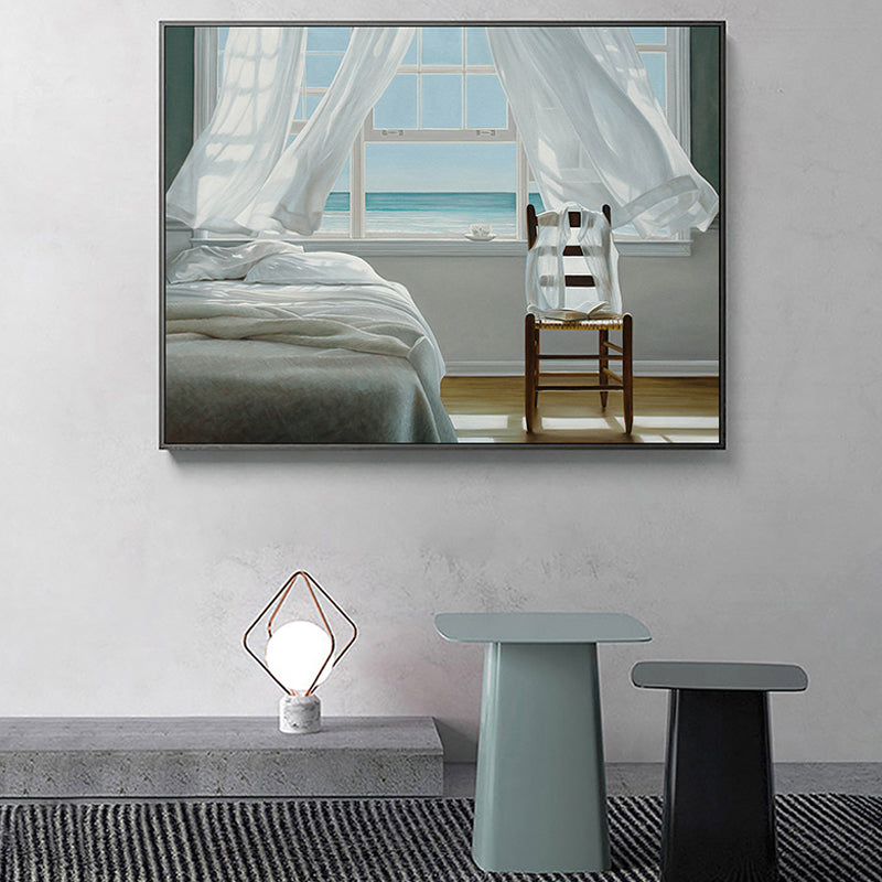 Vivolux | Seashore House Innenansicht Leinwand Blau Nordischer Stil Wand Kunstdruck für Schlafzimmer