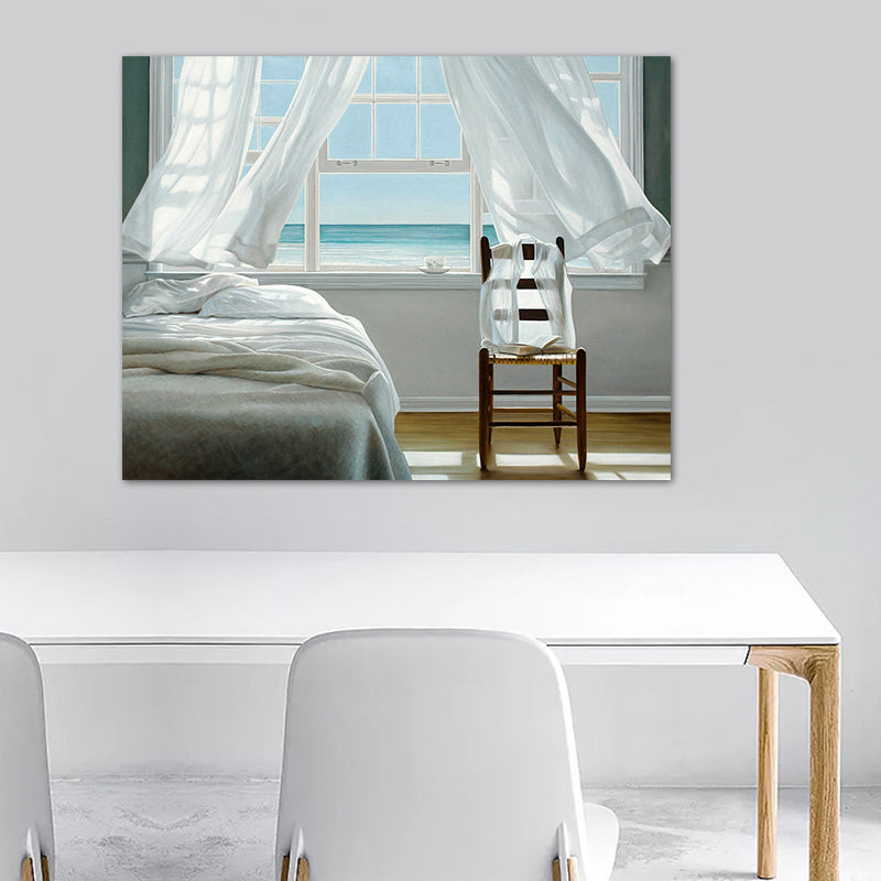 Vivolux | Seashore House Innenansicht Leinwand Blau Nordischer Stil Wand Kunstdruck für Schlafzimmer