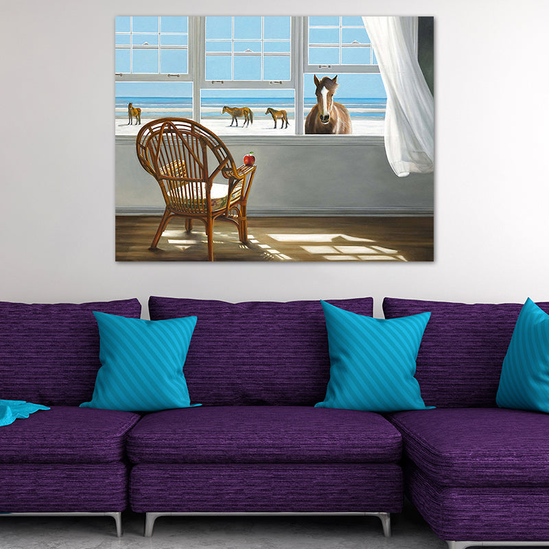 Vivolux | Seashore House Innenansicht Leinwand Blau Nordischer Stil Wand Kunstdruck für Schlafzimmer