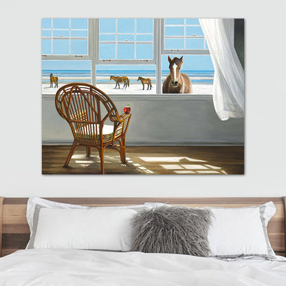 Vivolux | Seashore House Innenansicht Leinwand Blau Nordischer Stil Wand Kunstdruck für Schlafzimmer