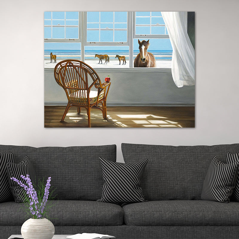 Vivolux | Seashore House Innenansicht Leinwand Blau Nordischer Stil Wand Kunstdruck für Schlafzimmer