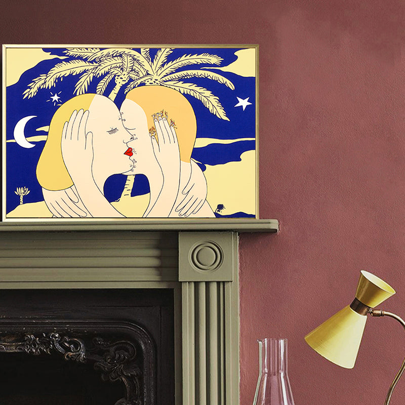 Vivolux | Gelbes nordisches Stil Kunstdruck umarmendes Paar Leinwand für Badezimmer, verschiedene Größen