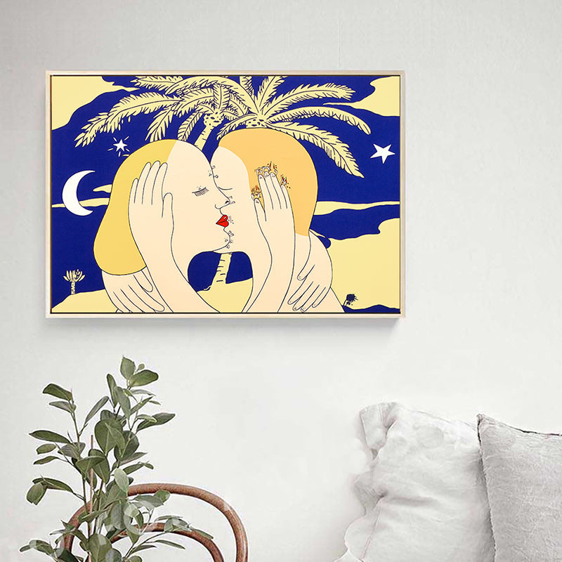 Vivolux | Gelbes nordisches Stil Kunstdruck umarmendes Paar Leinwand für Badezimmer, verschiedene Größen