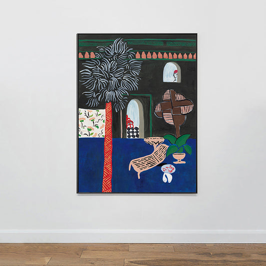 Vivolux | Fauvismus Patio View Kunstdruck Blaue Illustration Landschaft Wanddekoration für das Wohnzimmer