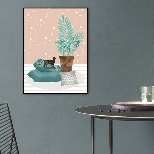 Vivolux | Töpfe und Katzen Leinwanddruck Texturiertes skandinavisches Schlafzimmer Wandkunst in sanften Farben
