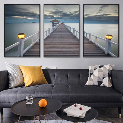 Vivolux | Seaside Bridge Scene Art Print Moderne Canvas Multi-Piece Schilderij in Zachte Kleur, Set van Drie