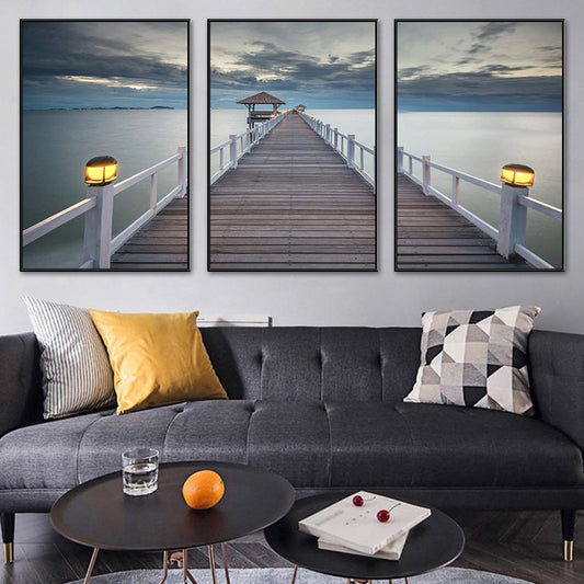 Vivolux | Seaside Bridge Scene Art Print Moderne Canvas Multi-Piece Schilderij in Zachte Kleur, Set van Drie