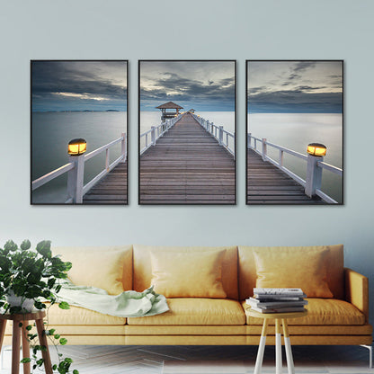 Vivolux | Seaside Bridge Scene Art Print Moderne Canvas Multi-Piece Schilderij in Zachte Kleur, Set van Drie
