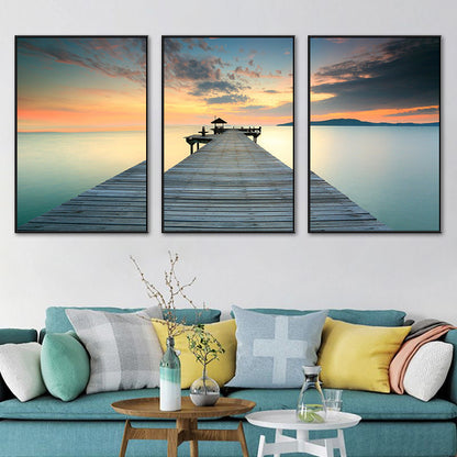 Vivolux | Seaside Bridge Scene Art Print Moderne Canvas Multi-Piece Schilderij in Zachte Kleur, Set van Drie