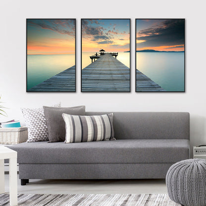 Vivolux | Seaside Bridge Scene Art Print Moderne Canvas Multi-Piece Schilderij in Zachte Kleur, Set van Drie
