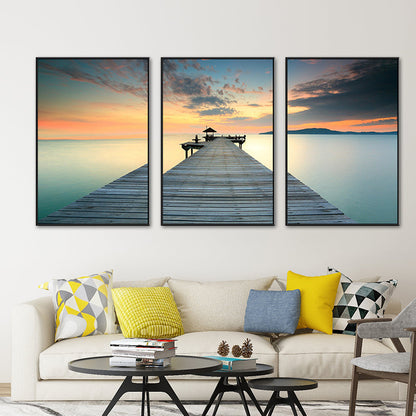 Vivolux | Seaside Bridge Scene Art Print Moderne Canvas Multi-Piece Schilderij in Zachte Kleur, Set van Drie