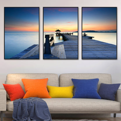 Vivolux | Seaside Bridge Scene Art Print Moderne Canvas Multi-Piece Schilderij in Zachte Kleur, Set van Drie