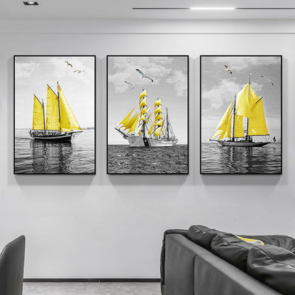 Vivolux | Zee Zeilboten Wandkunst Woonkamer Landschap Canvas Print in Geel-Grijs, Set van 3
