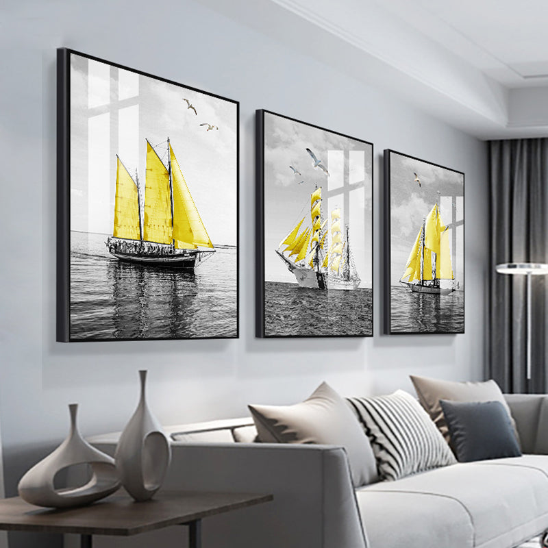Vivolux | Zee Zeilboten Wandkunst Woonkamer Landschap Canvas Print in Geel-Grijs, Set van 3