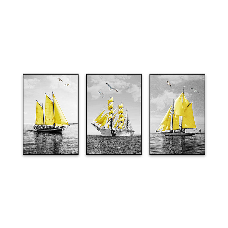 Vivolux | Zee Zeilboten Wandkunst Woonkamer Landschap Canvas Print in Geel-Grijs, Set van 3